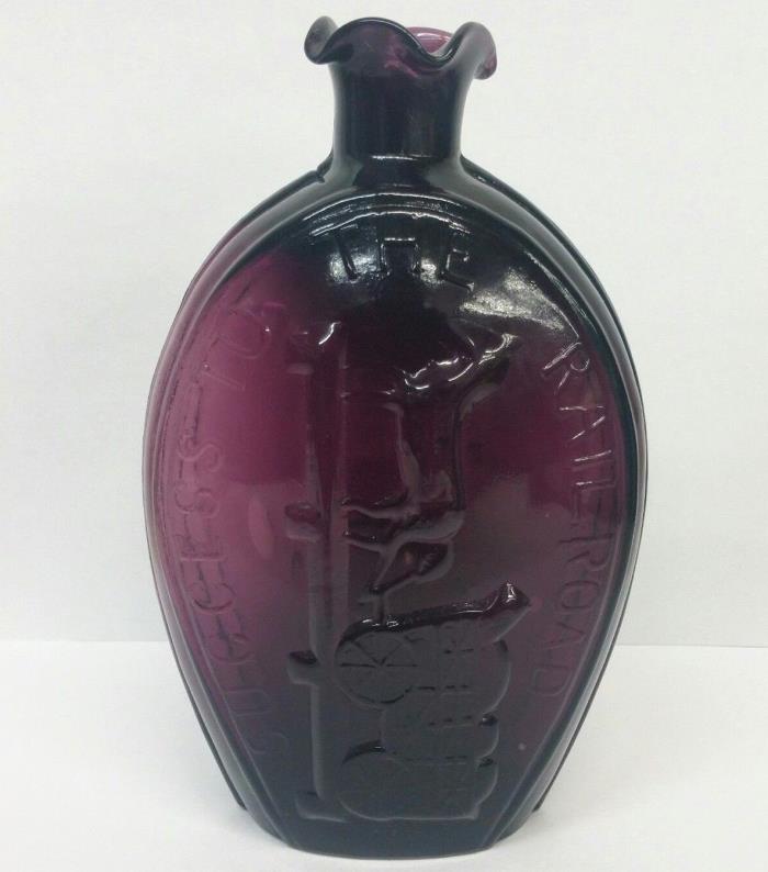 Vintage Amethyst Glass Success to the Railroad Liquor Flask Scalloped Rim