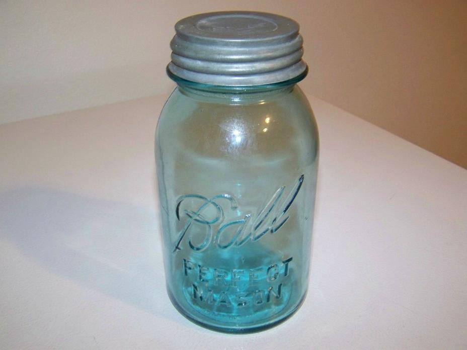 Vintage Lucky Number 13 Aqua Blue BALL PERFECT MASON Canning Jar Zinc Lid 1920's
