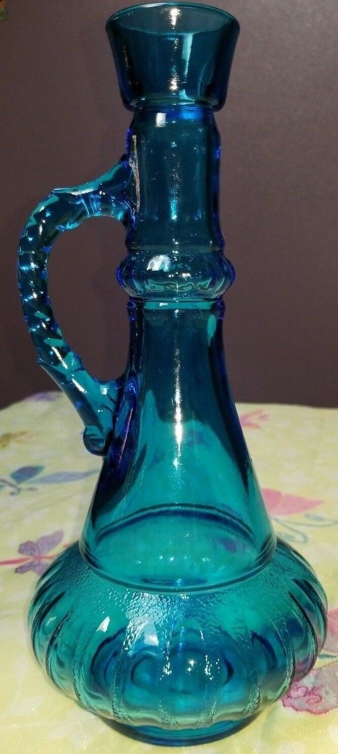 Vintage Blue Glass EMPTY liquor bottle with handle