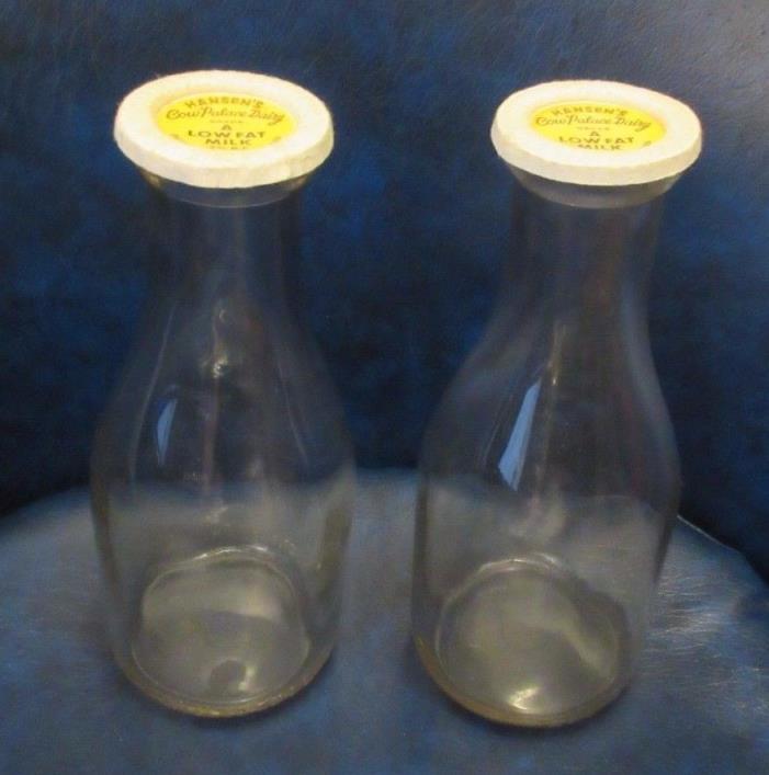 Vintage Quart Glass Milk Bottle lot of 2 with Caps - Hansen's Cow Palace Dairy