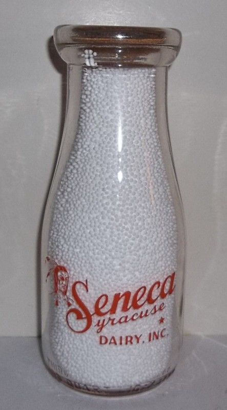 Seneca Dairy Inc. Syracuse N. Y. Orange Pyro Third Quart Milk Bottle Indian Pic