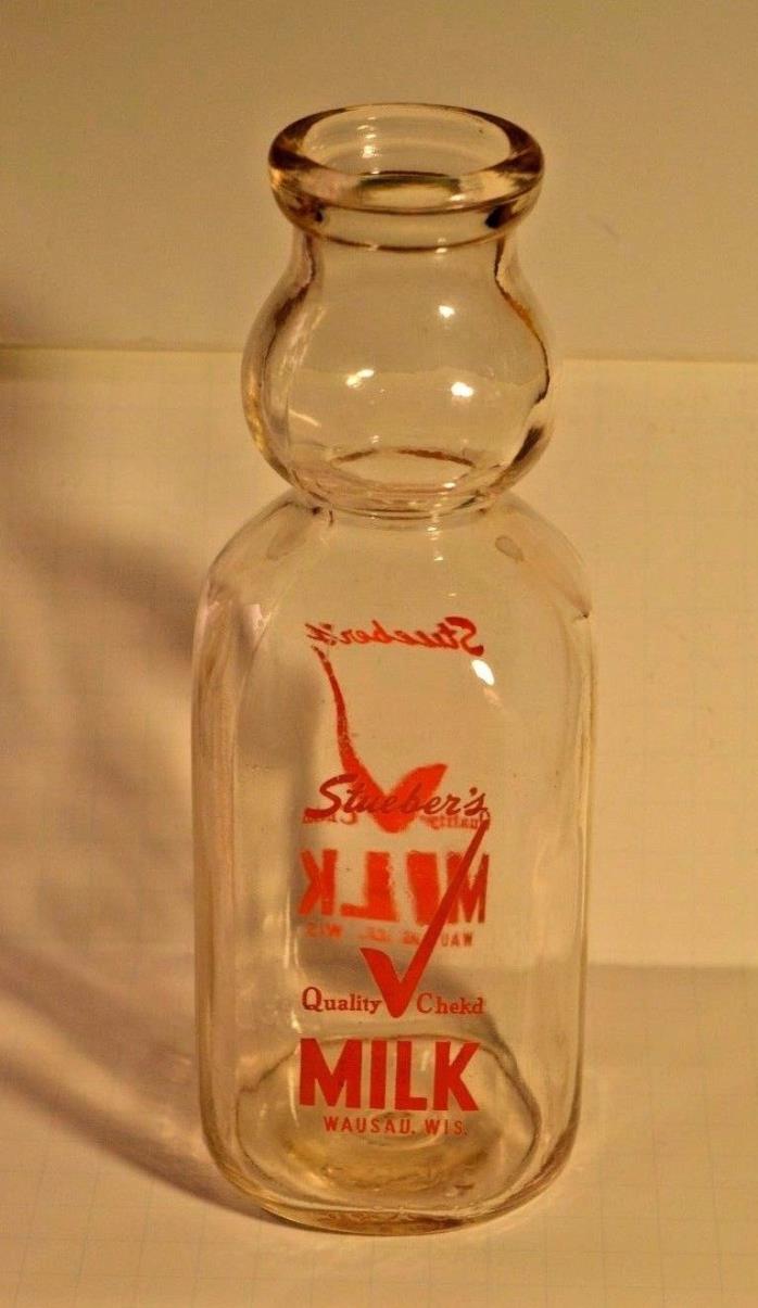 Vintage Stueber's Quality Check'd Cream Top Glass Milk Bottle Wausau Wi Dairy