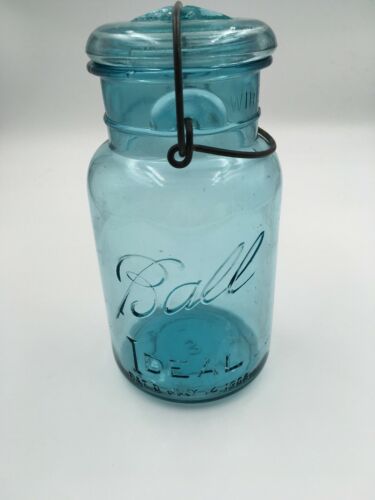 Antique Vintage Ball Ideal Quart Jar #3 Wire Bail Blue Green Glass 1910-1923