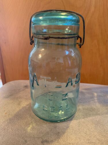 Vintage ATLAS E-Z SEAL, blue green quart jar Fruit Canning