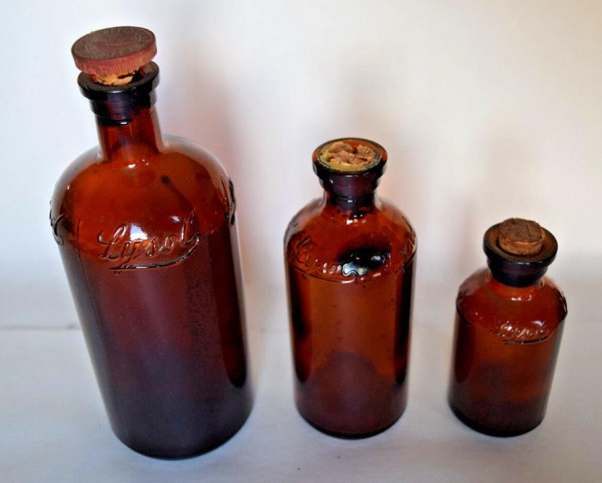 Vintage brown cork top Lysol bottle set of 3 different sizes, farmhouse Decor