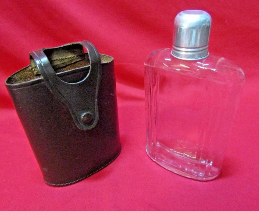 Vintage Herz Egland Glass Liquer Flask w/ Aluminum Cup & Leather Case