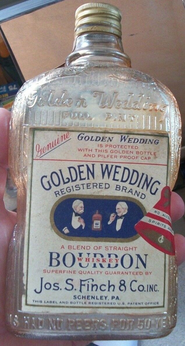 SCHENLEY PENNSYLVANIA GOLDEN WEDDING CARNIVAL GLASS BOURBON PINT JOS FINCH