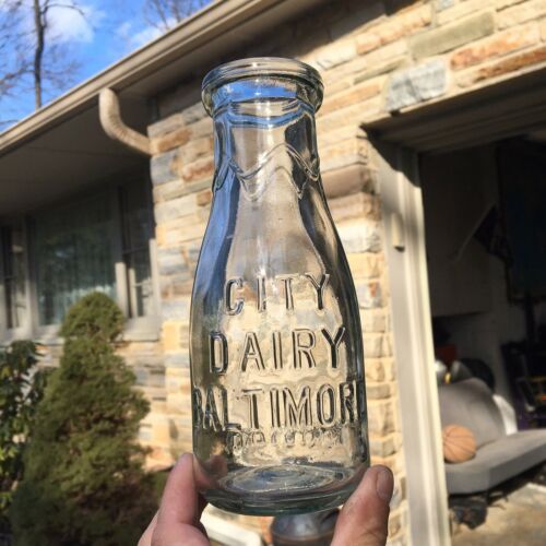 Pt Milk Bottle City Dairy Baltimore MD Maryland Emb Early Light Green Tint