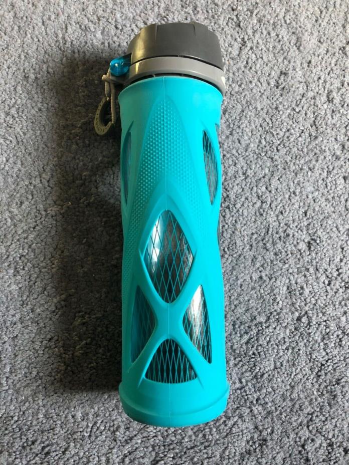 Blue Glass Water Bottle, rubber cover, shatter proof