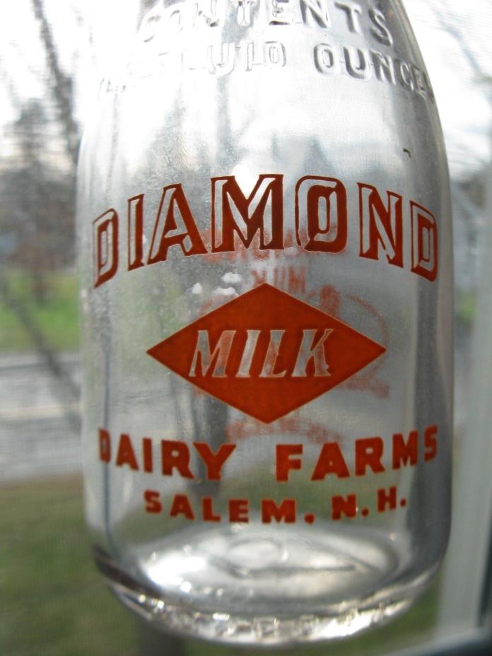 Vintage milk bottle Diamond Dairy Farms Salem, N.H. RD pyro orange 10 ounces