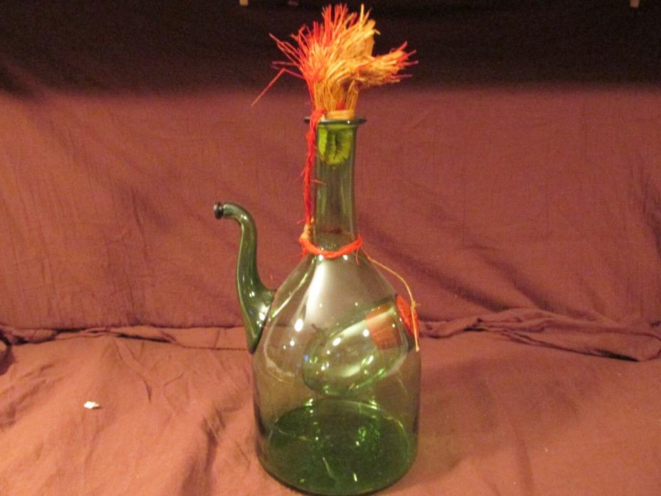 VINTAGE GREEN GLASS WINE BOTTLE DECANTER ICE POCKET STRAW STOPPER ITALY