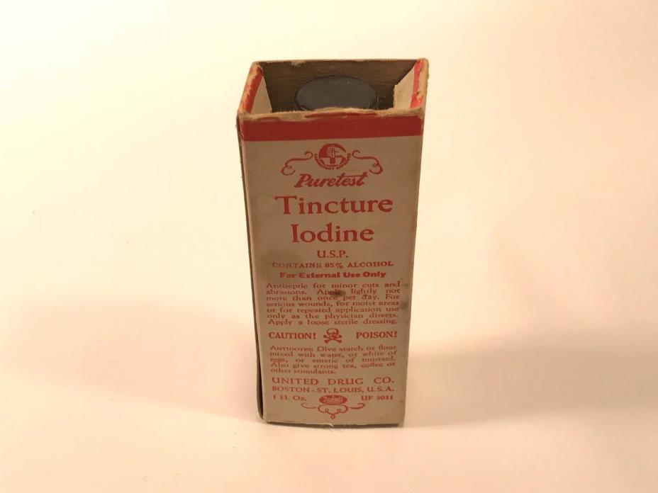 Ta Vintage PURETEST Tincture Iodine Cobalt Blue Bottle Original Box Poison