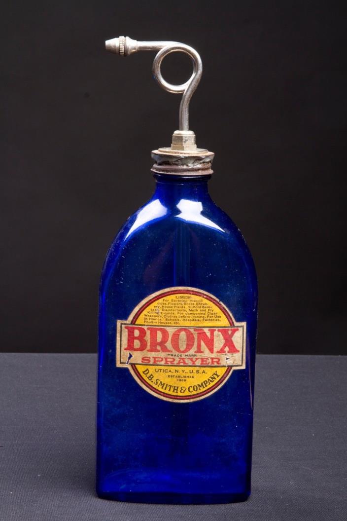 Antique 1930s Cobalt Blue Glass Sprayer Spray Bottle - Bronx Company Glass