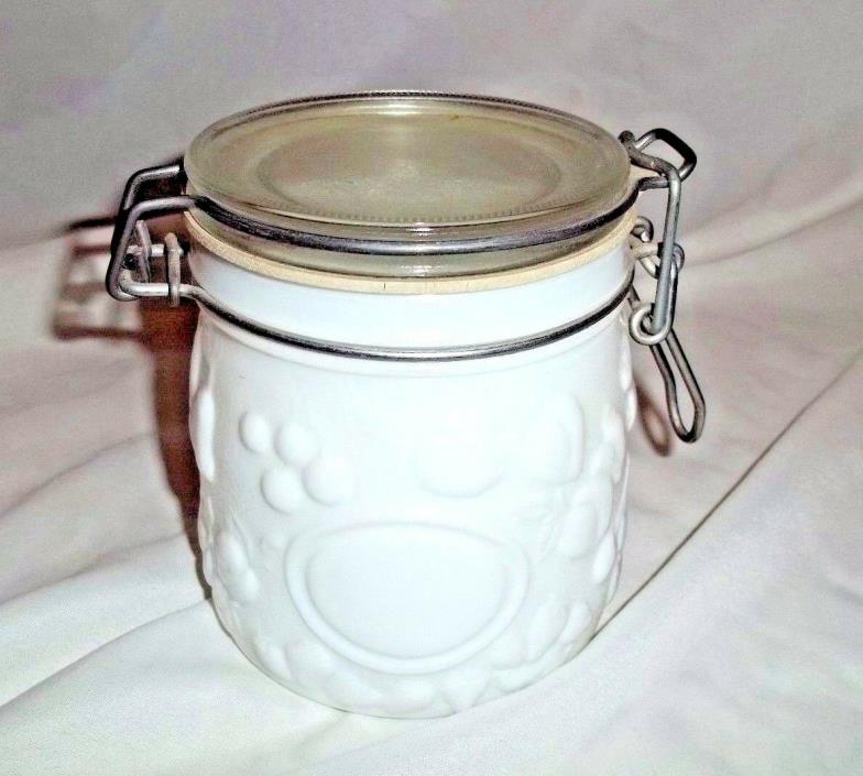 WHEATON MILK GLASS JAR CANISTER 1/2 L EMBOSSED FRUIT DESIGN WIRE LID CLOSURE