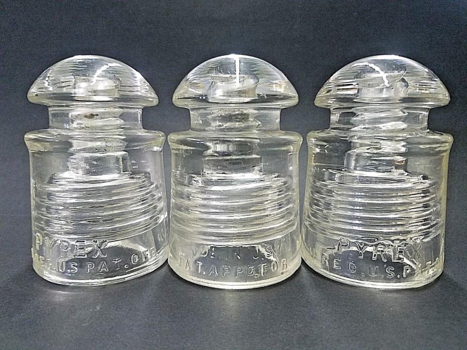 Lot of 3-Vintage Clear Glass Pyrex  Insulator T.M. Reg.U.S.Pat.Off. D.H.Pat. OFF