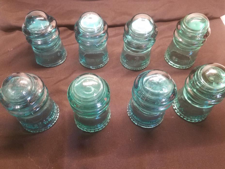 Lot of 8 Hemingray No. 9 ~ Green Glass Insulators ~ Free Shipping!!!!!