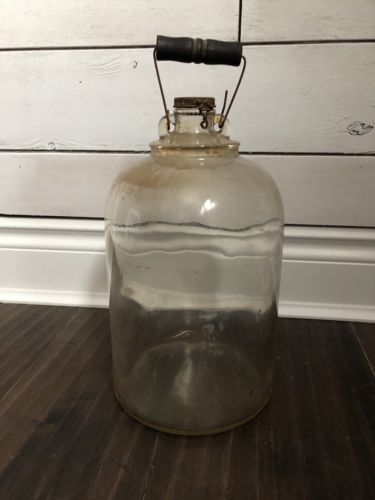 Vintage Glass Moonshine Whiskey Jug Bottle Wooden Handle Rustic Decor