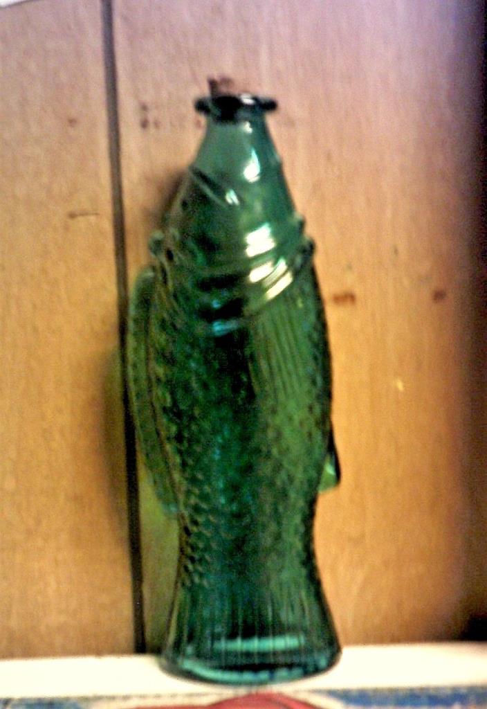 Blueish Green Colored 9 inch Tall Glass Fish Bottle With Cork