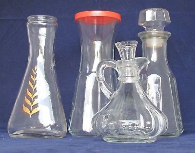 Clear Glass Bottles Carafe Dressing Contains 1 stop lid, plastic, glass Lot of 4