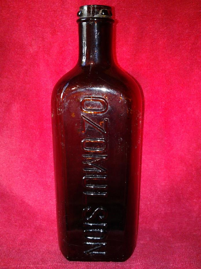 Vintage Brown Amber Ozomulsion Embossed Medical Bottle 8 3/4