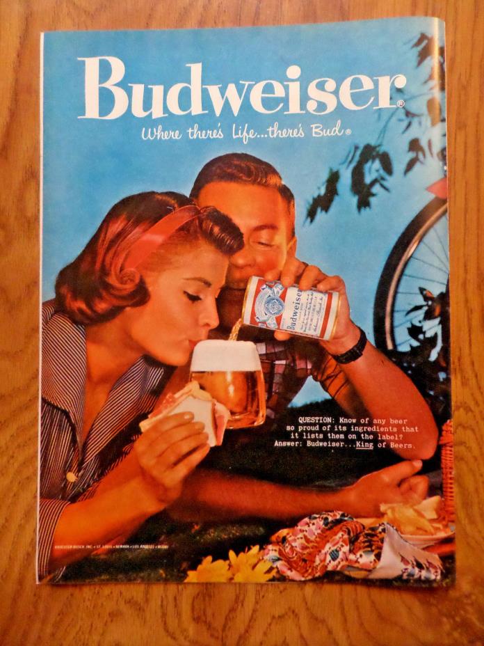 1959 Budweiser Beer Ad - Couple Bicycle Picnic Break & Bud 1959 Wrisley Gift Ad
