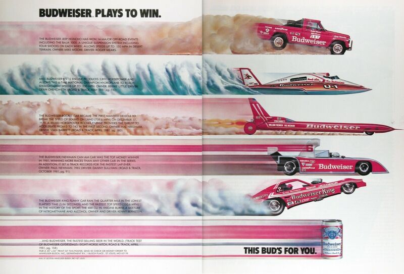 1982 BUDWEISER RACING Genuine Vintage Advertisement ~ BUDWEISER Plays to WIN