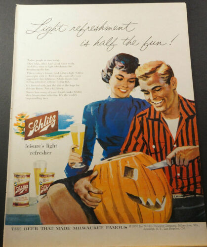 1956 SCHLITZ Beer HALLOWEEN Ad Couple Carving JACK-o-LANTERN Pumpkin Fall Autumn
