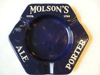 1940's Vintage Molson's Ale Porter Porcelain Metal Ashtray Cobalt Blue