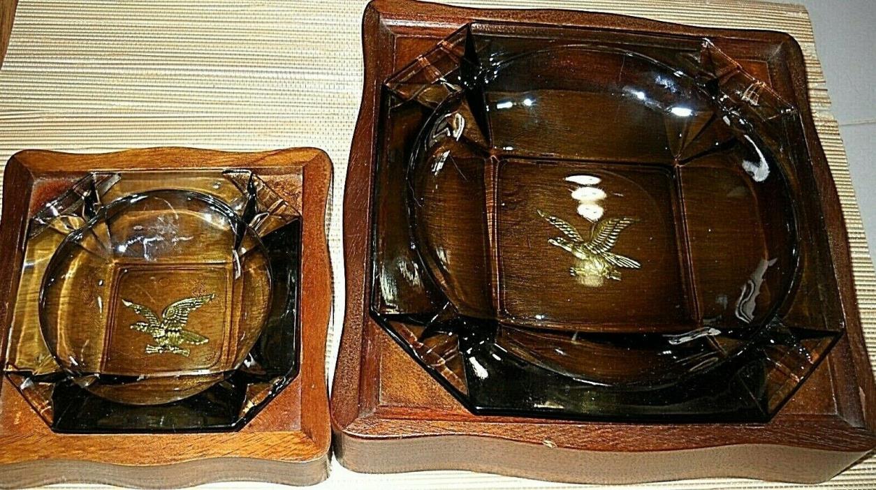 Amber Glass Ash Tray in Wood Frame with Eagle on Bottom  Set of 2  Price Imports