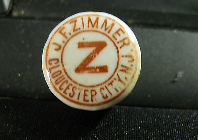PRE-PRO J. F ZIMMER BEER - SODA - WHISKEY PORCELAIN BOTTLE CAP GLOUCSTER CITY NJ