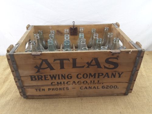 Vintage Wood ATLAS Brewery Beer Box Crate & 24 Old Embossed Glass Beer Bottles
