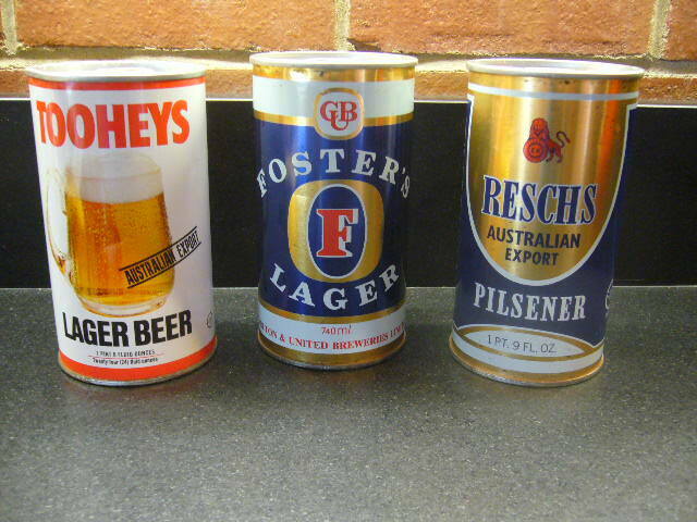 Tooheys, Fosters Lager & Reschs beer cans,  steel, 740ml and 24 oz