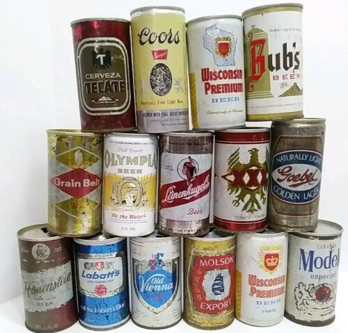 Vtg 15 Flat Top Beer Can Collection Lot OI Goebel Leinenkugels Wisconsin Coors