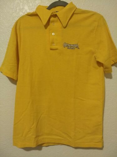 VTG Olympia Beer Yellow Polo T Shirt Men Size Large Logo Scuco Short Sleeve