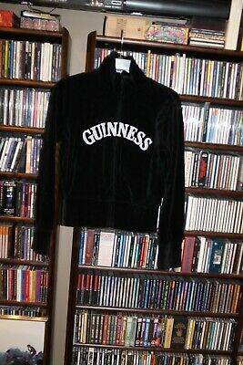 Guinness Beer Ale Black Velour zip front Track jacket applique Ladies S 8 10(b64