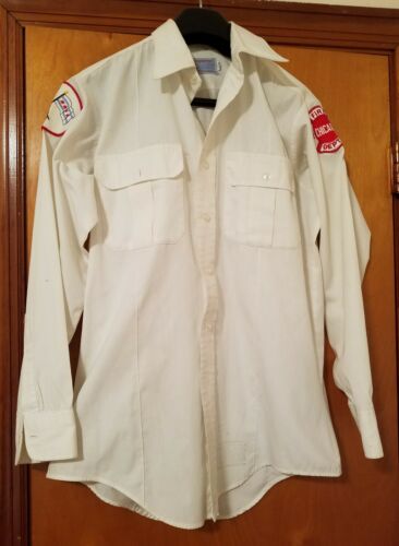 Vintage Chicago Fire Dept. Sz m Button Uniform Dress Shirt White with 2 Patches