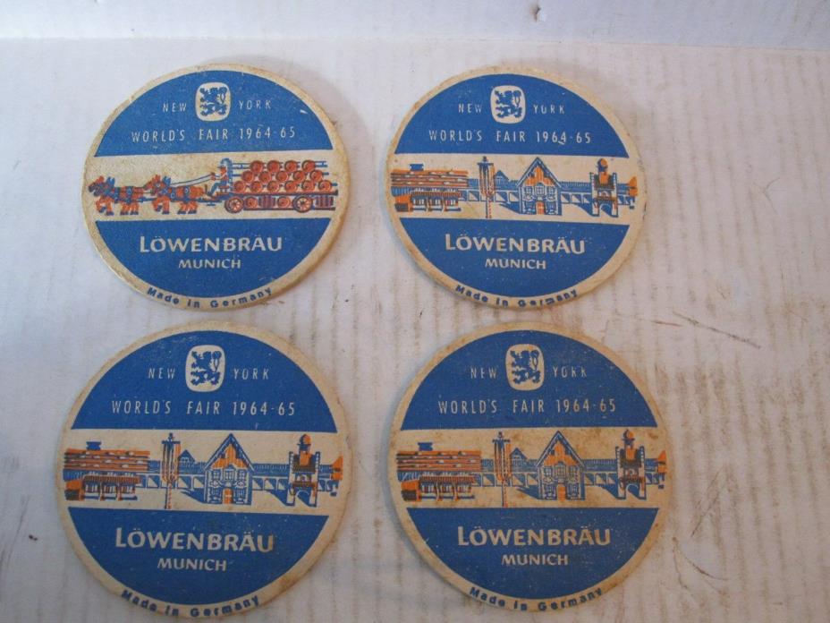 vintage set of 4 worlds fair lowenbrau beer coasters,1964/65,two sided
