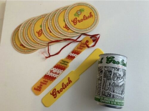 Vintage Grolsch Memorabilia: Beer Can, Yellow Plastic Spatel Glide, and Coasters