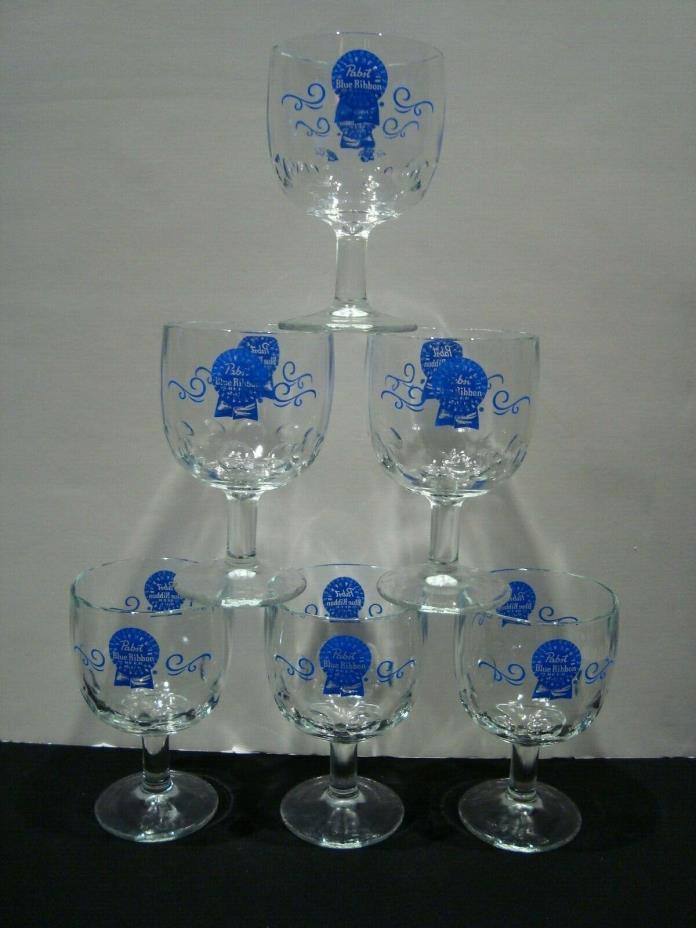 6 VTG  Pabst Blue Ribbon Stem Thumbprint Beer Glass Goblet Schooner Mug 14 oz