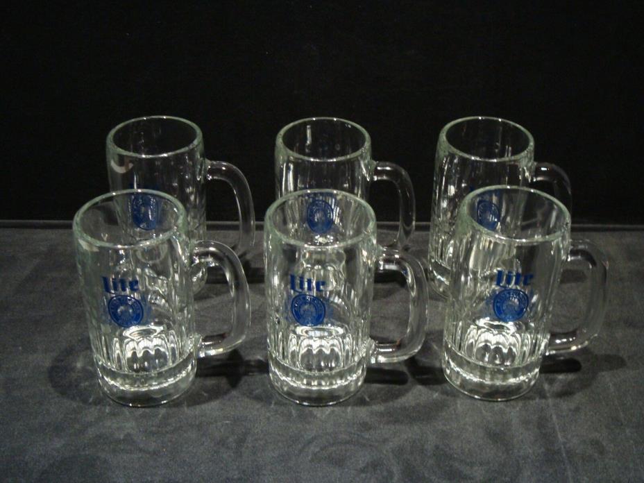 MINT Set of 6 MILLER LITE GLASS BEER MUG HANDLE RIBBED BASE 5-1/2