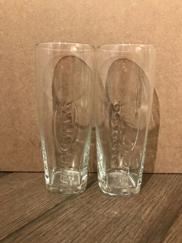 Two (2) Bud Light Clear Etched Beer Glasses 20 oz 7” Tall Square Base MINT