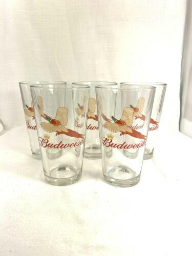 5 Vintage Budweiser Ring Neck Pheasant Clear Tumblers Hunting Bar Ware Glasses