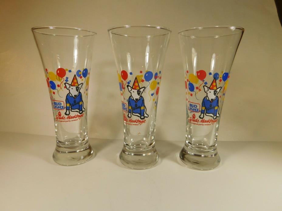 3 BUD LIGHT 1987 SPUDS MACKENZIE BEER GLASSES 7 1/4