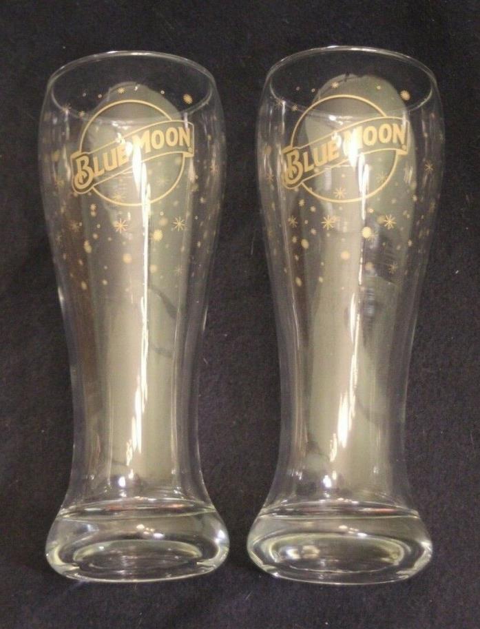 Blue Moon Brewery 2pc Gold Logo & Winter Snowflakes Pilsner Beer Glass Cup Set