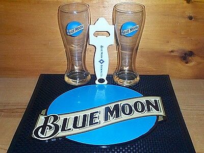 BLUE MOON ALE BEER SPILL MAT BAR COASTER 2 BEER PUB GLASSES & BOTTLE OPENER NEW