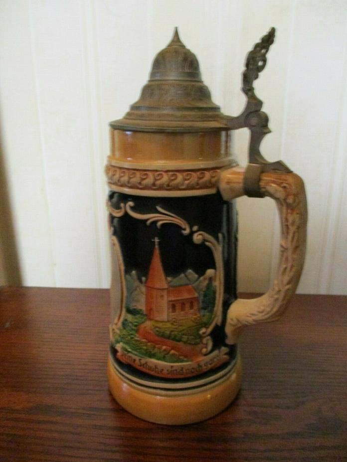 VINTAGE HOCHR HANDEMALT WEST GERMAN LIDDED BEER STEIN (TOWN BUILDINGS)