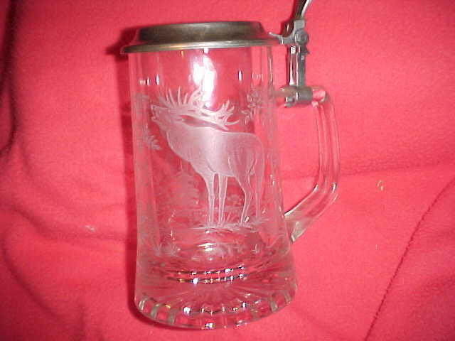 Lidded Stein Vintage Etched Glass Moose Beer Mug - W. Germany ALWE
