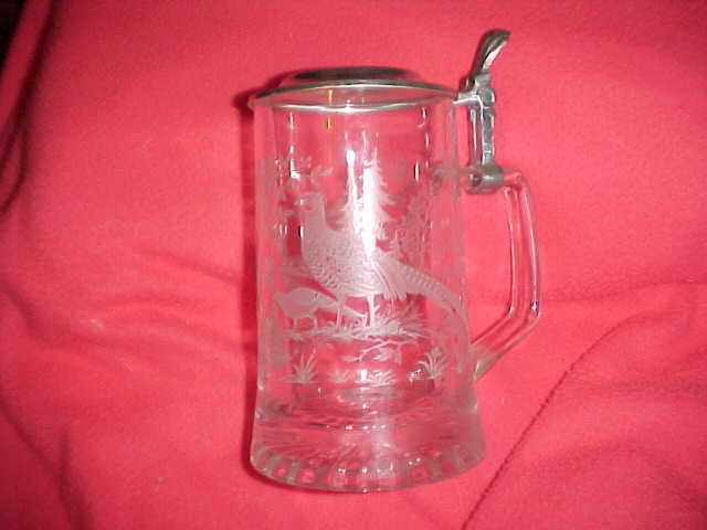 Lidded Stein Vintage Etched Glass Pheasant Beer Mug - W. Germany ALWE
