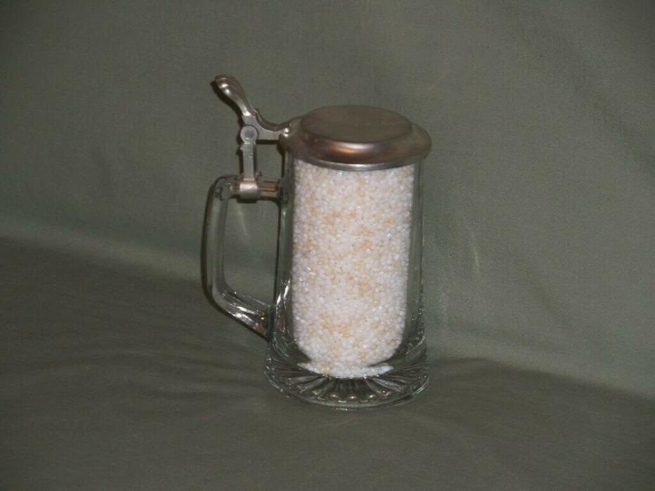 Vintage Zinn 95% Pewter Lidded Heavy Clear Glass Beer Stein with Lid Lever