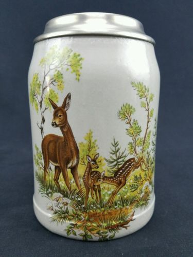 Rein Zinn DRM Germany Pewter Lid Vtg Beer Stein Doe w/ Fawns Design